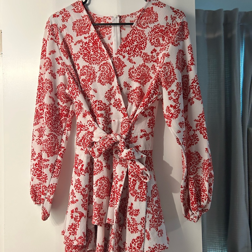 Red Floral Wrap romper that looks like a dress